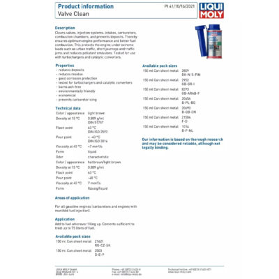 LIQUI MOLY VALVE CLEANER FUEL SYSTEM ADDITIVE – 150ML