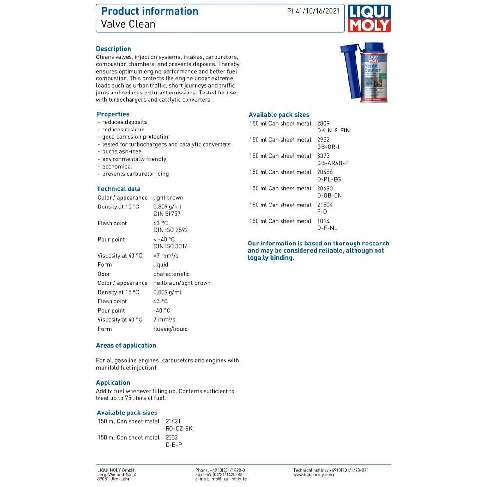LIQUI MOLY VALVE CLEANER FUEL SYSTEM ADDITIVE - 150ML - Image 2