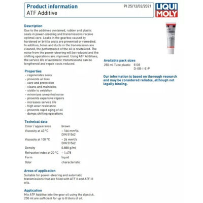 LIQUI MOLY ATF ADDITIVE – 250ML