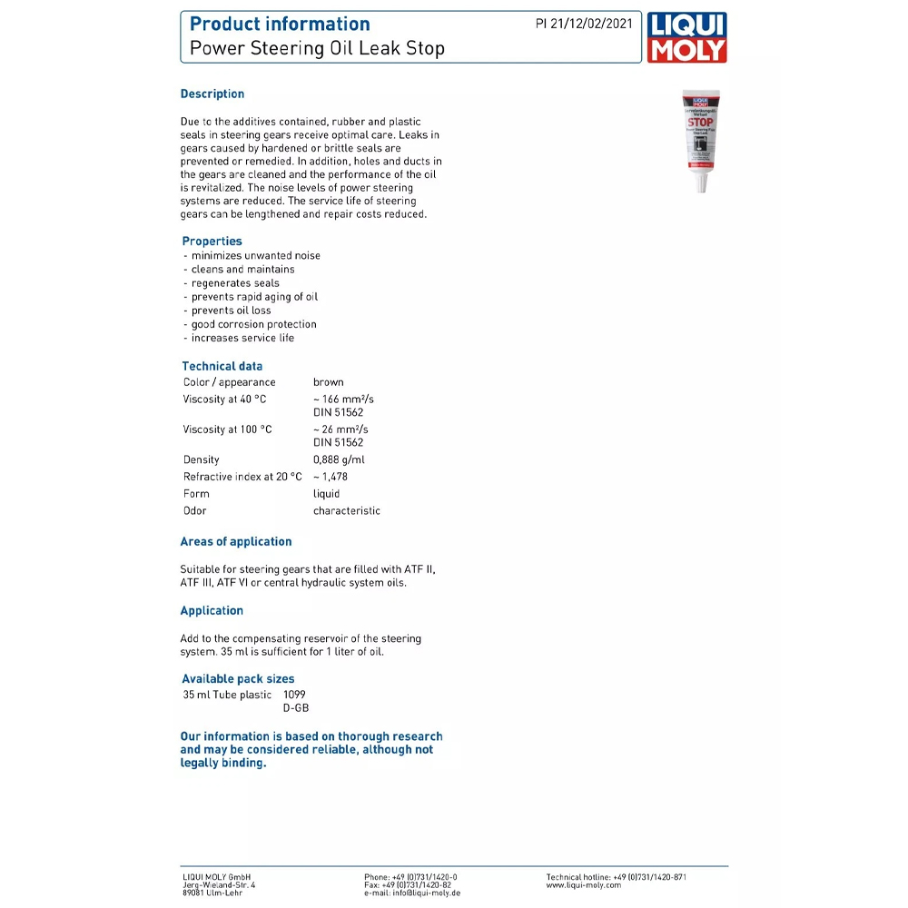 LIQUI MOLY POWER STEERING OIL LEAK STOP - 35ML - Image 2