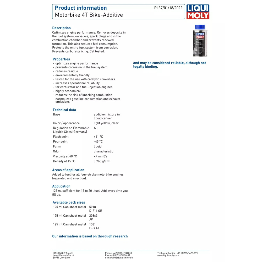 LIQUI MOLY MOTORBIKE 4T BIKE ADDITIVE - 125ML - Image 2