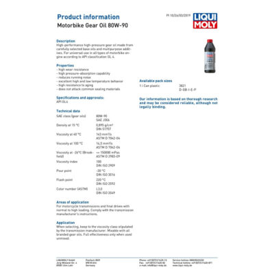 LIQUI MOLY MOTORBIKE GEAR OIL – 1LTR