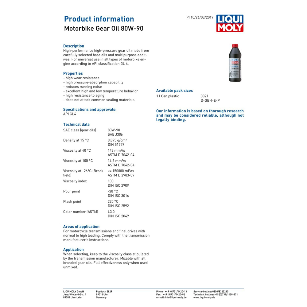 LIQUI MOLY MOTORBIKE GEAR OIL - 1LTR - Image 2