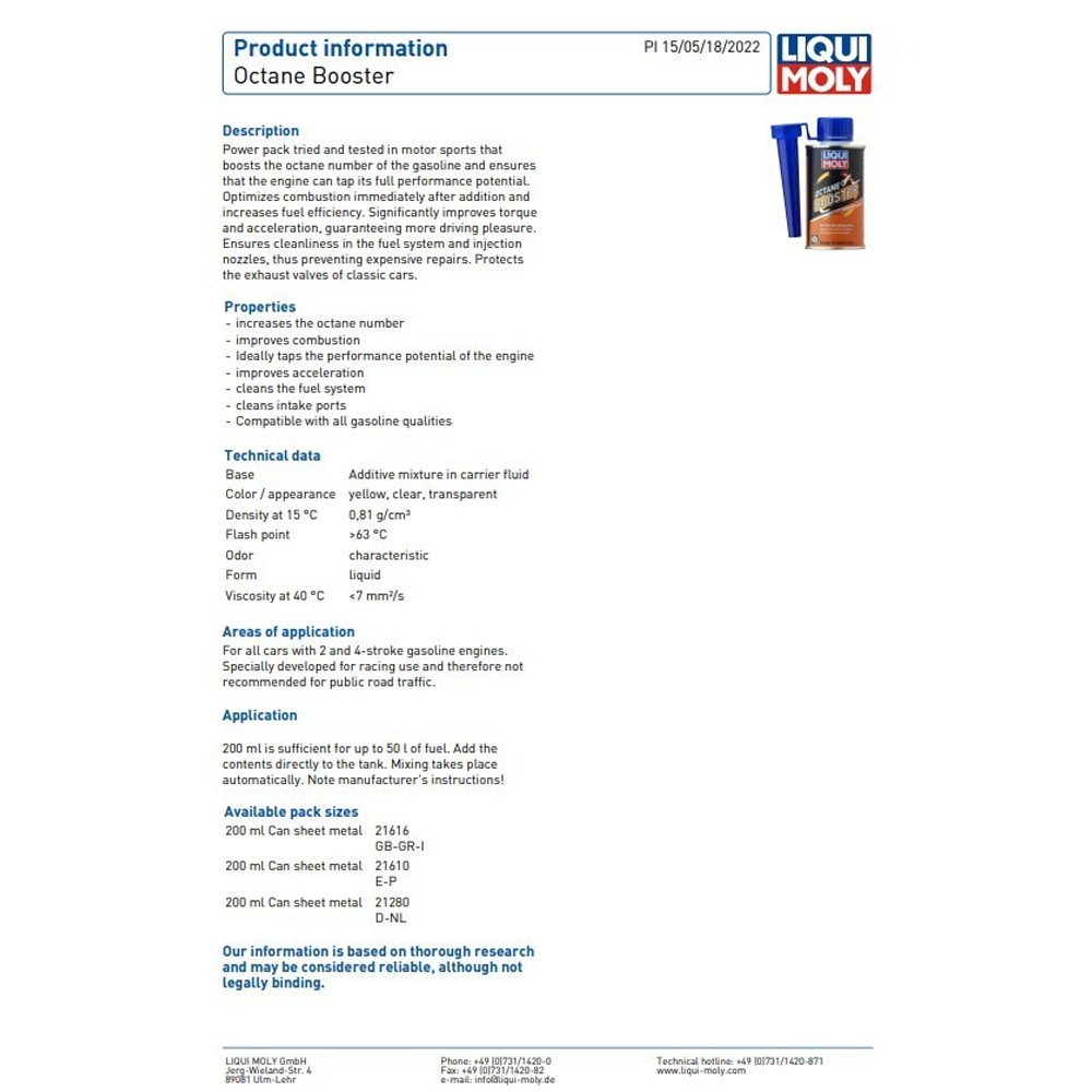 LIQUI MOLY OCTANE BOOSTER - 200 ML - Image 2
