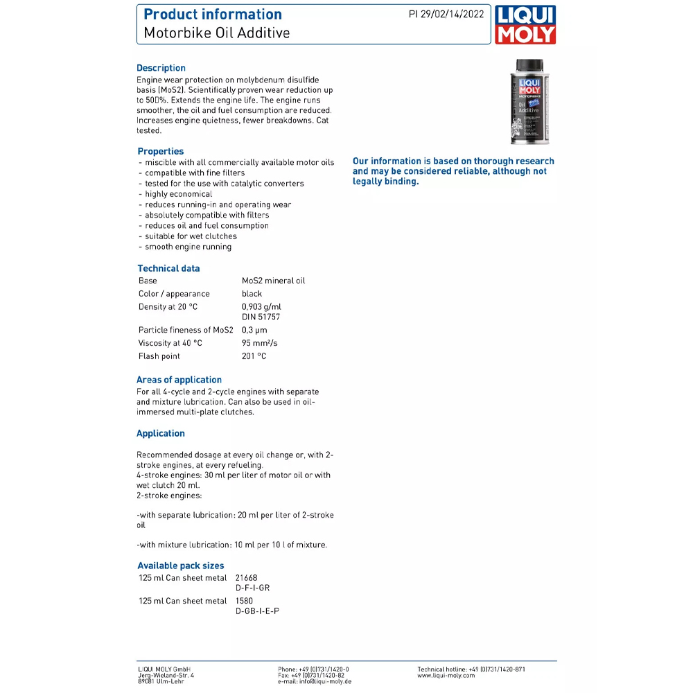 LIQUI MOLY MOTORBIKE OIL ADDITIVE - 125ML - Image 2