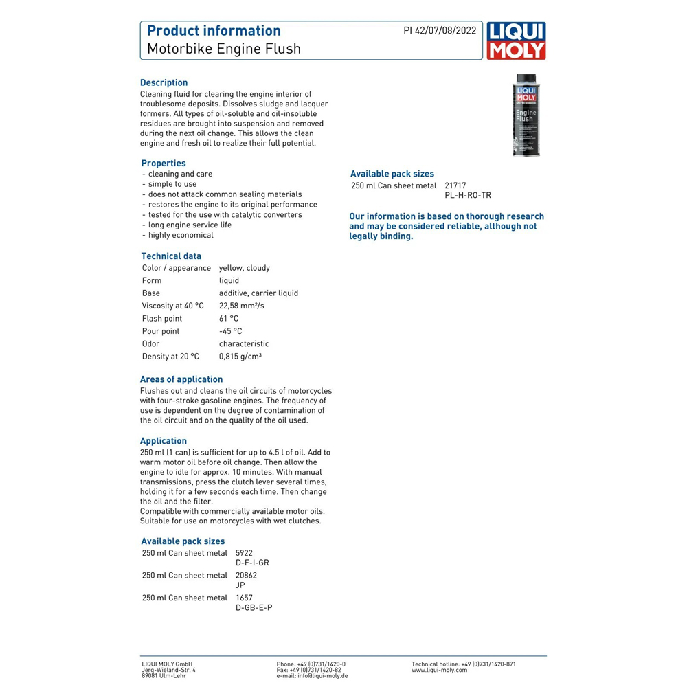 LIQUI MOLY MOTORBIKE ENGINE FLUSH - 250ML - Image 2