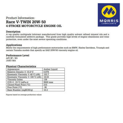 Morris Lubricants RACE V-TWIN 20W-50 – 4LTR