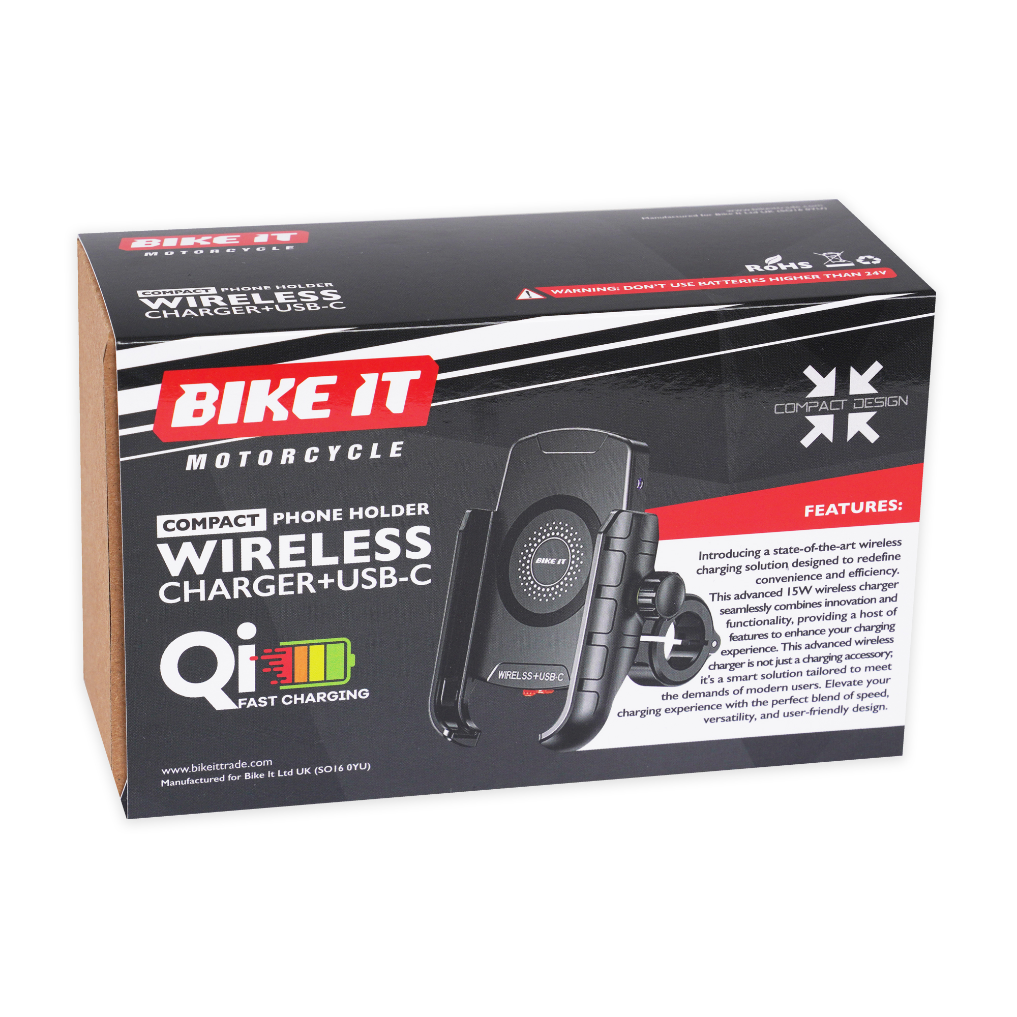 Bike It Compact Motorcycle Wireless Charger + USB-C Phone Holder - Image 6