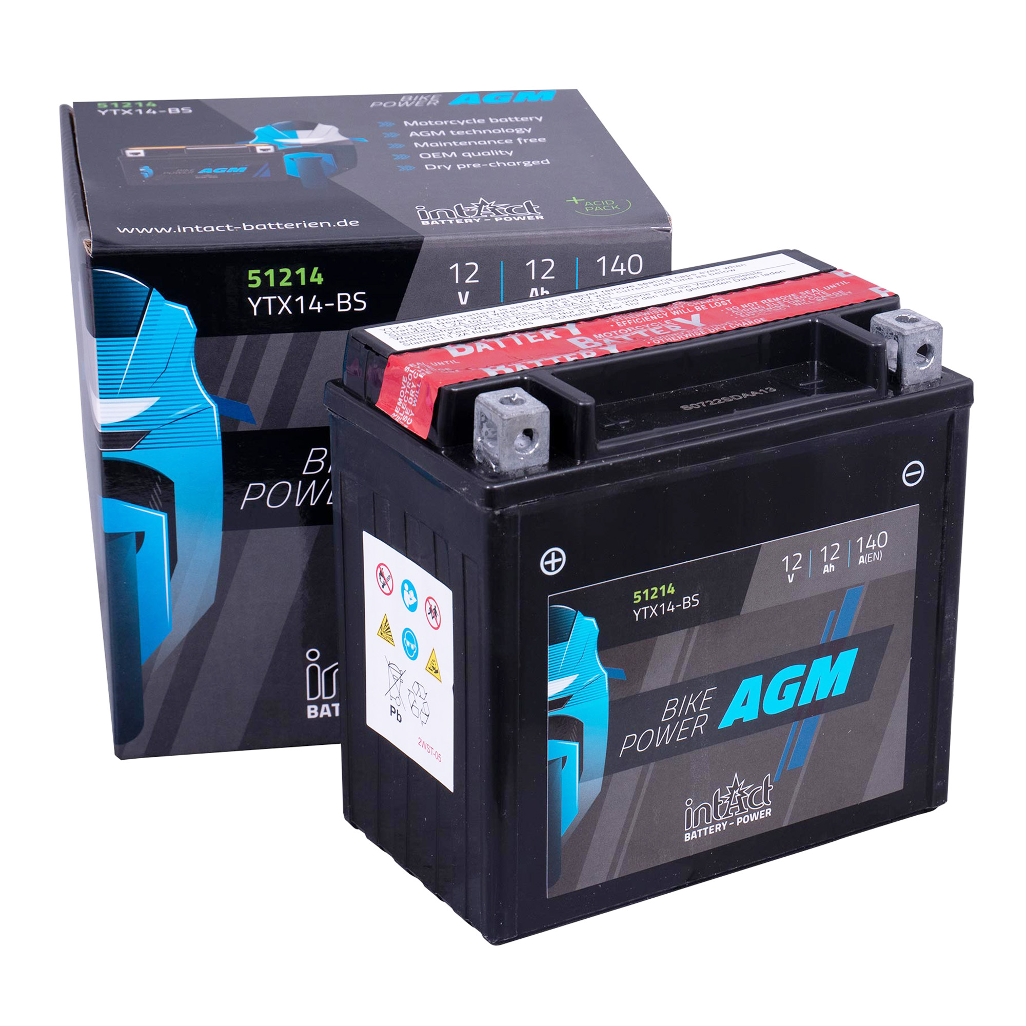 intAct YTX14-BS Maintenance Free AGM Bike-Power Battery - Image 2