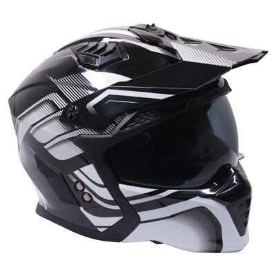 Stealth Fighter Multi Function Motorcycle Full & Open Face Helmet Graphic Orbit Black & Silver Gloss