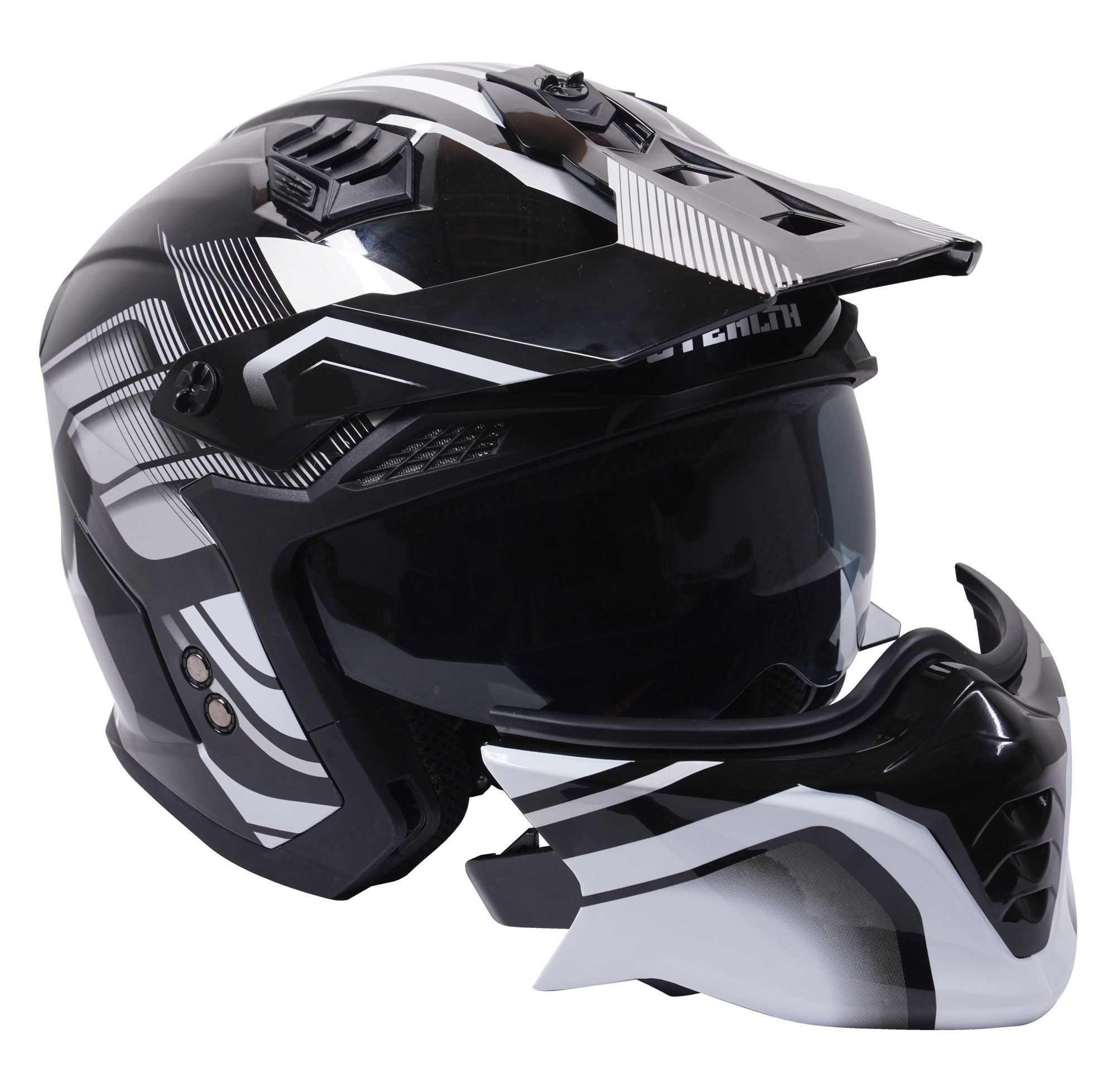 Stealth Fighter Multi Function Motorcycle Full & Open Face Helmet Graphic Orbit Black & Silver Gloss - Image 8