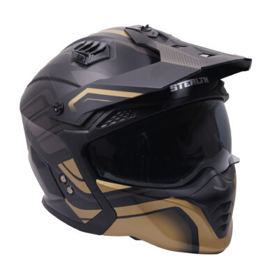 Stealth Fighter Multi Function Motorcycle Full & Open Face Helmet Graphic Orbit Black & Gold Matt