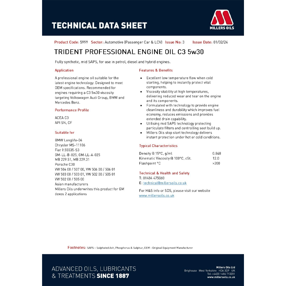 Millers Trident Professional C3 5w30 - 5L - Image 2
