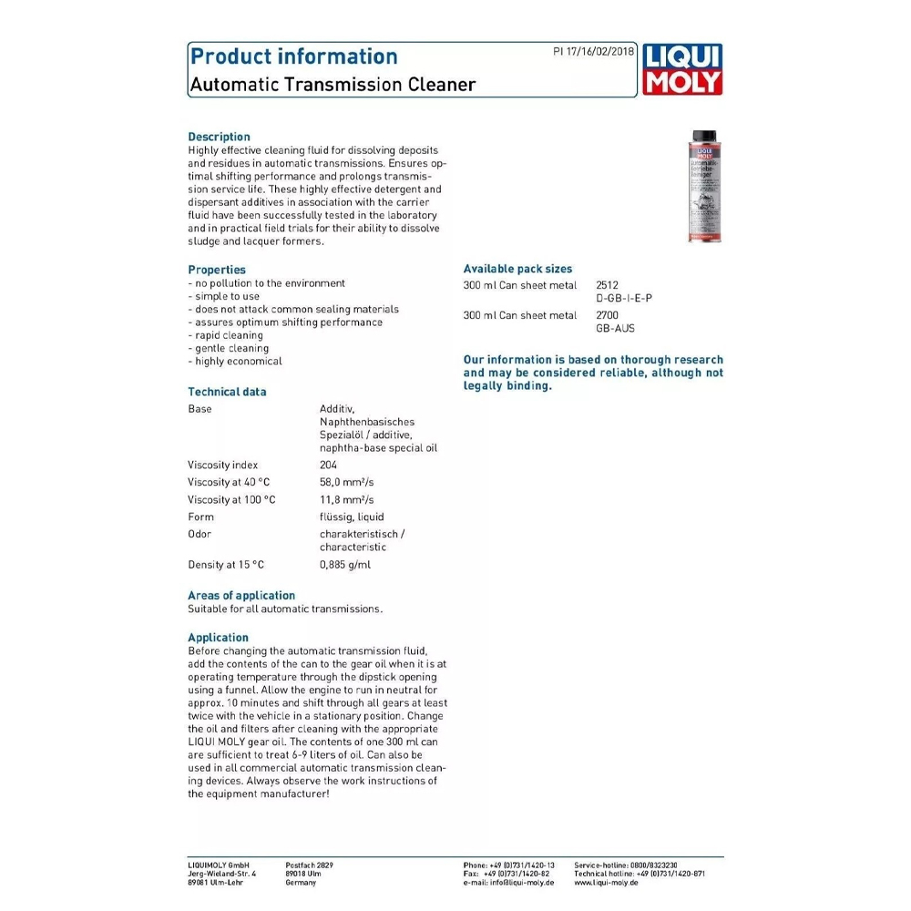 LIQUI MOLY AUTOMATIC TRANSMISSION CLEANER - 300ML - Image 2