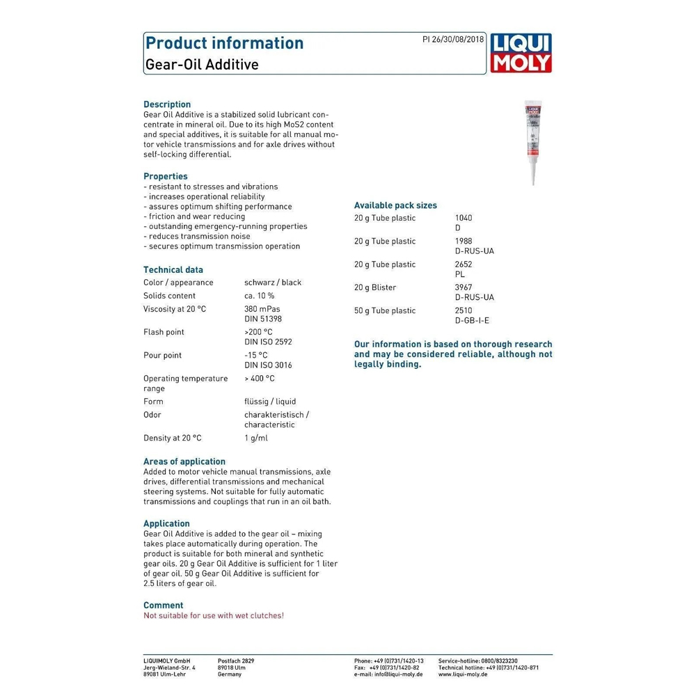 LIQUI MOLY GEAR OIL ADDITIVE - 50G - Image 2